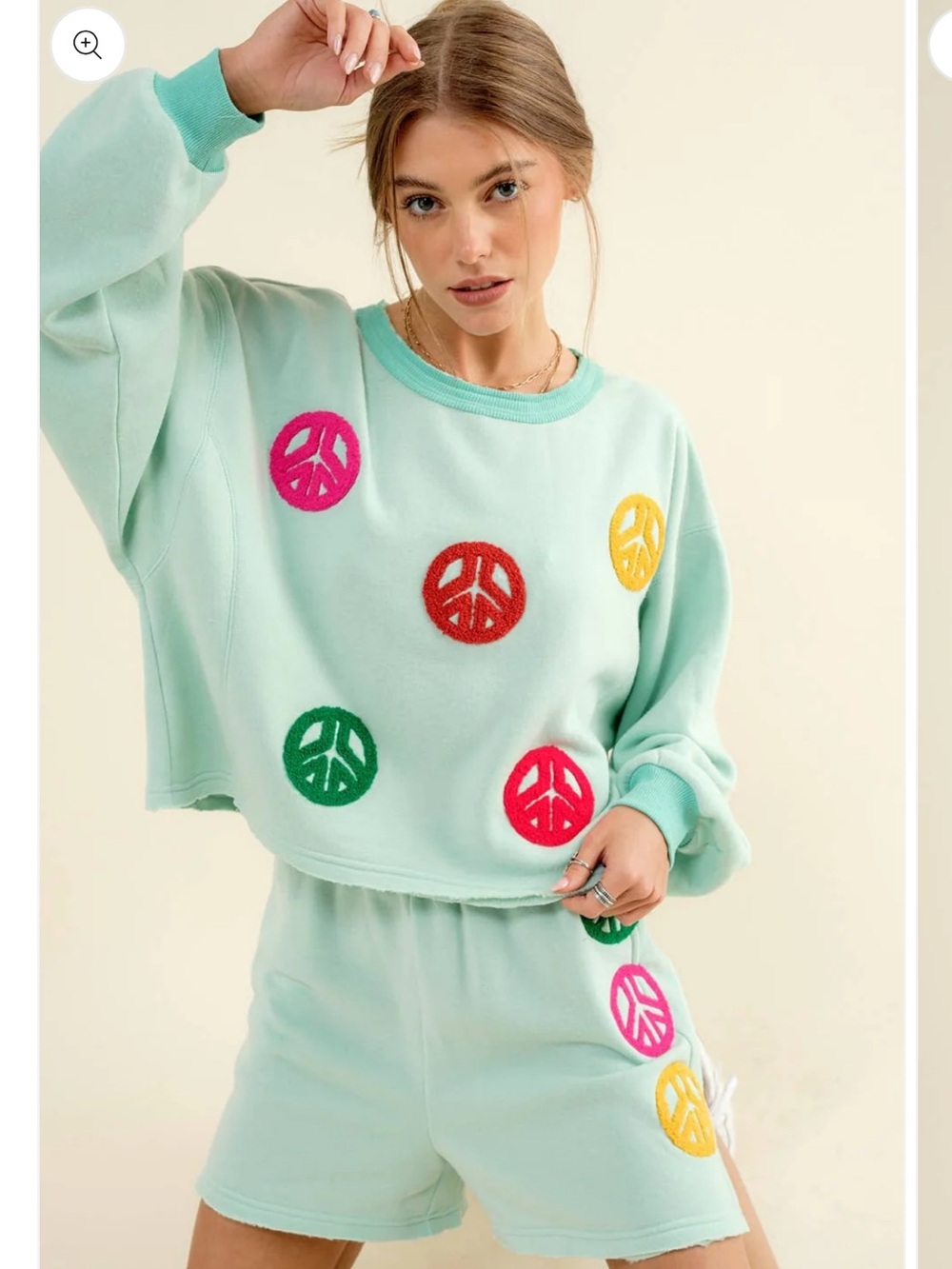 Blue B Aqua Peace Sign Embroidered Crewneck Sweater and Shorts Set